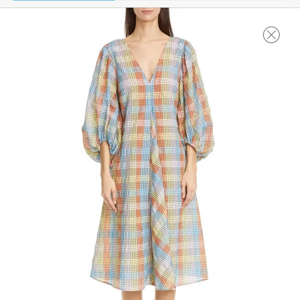 Ganni Puff Sleeve Multi-Colored Dress Midi Size 38